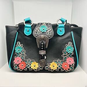 Montana West Concealed Carry Black with Embroidery Flowers Shoulder Bag Purse